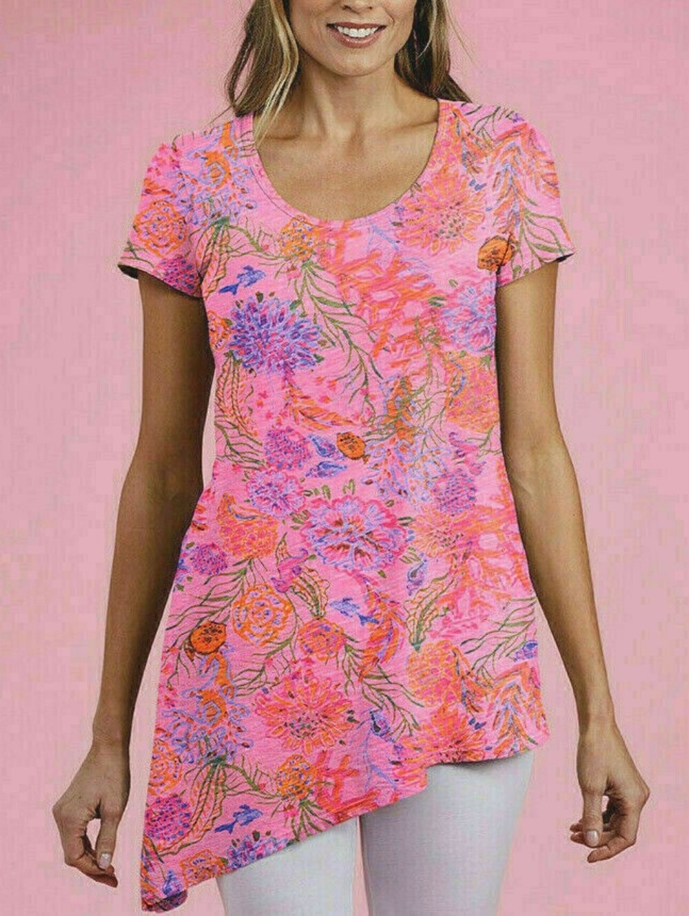 Fresh Produce Pink Oceanscape Sasha Asymmetric Tunic Top M Supima Cotton USA